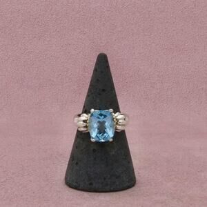 Sterling Silver & 18K Gold Faceted Blue Topaz Rope Accents Ring Size 7